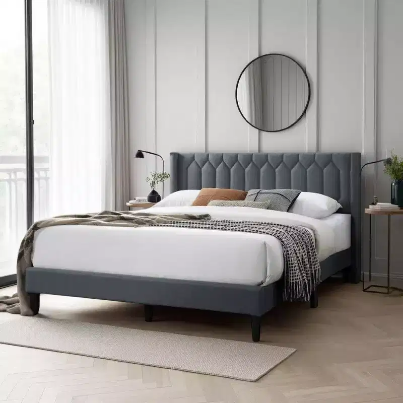 Queen Size Bed with Geometric Stitched Charcoal Gray Burlap Upholstery, Platform Bed