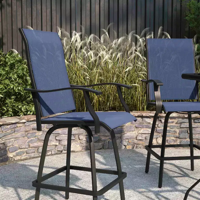 Merrick Lane Set of 2 Brett High Back Bar Height Swivel Patio Stools with Powder Coated Metal Frames and Textilene Upholstery