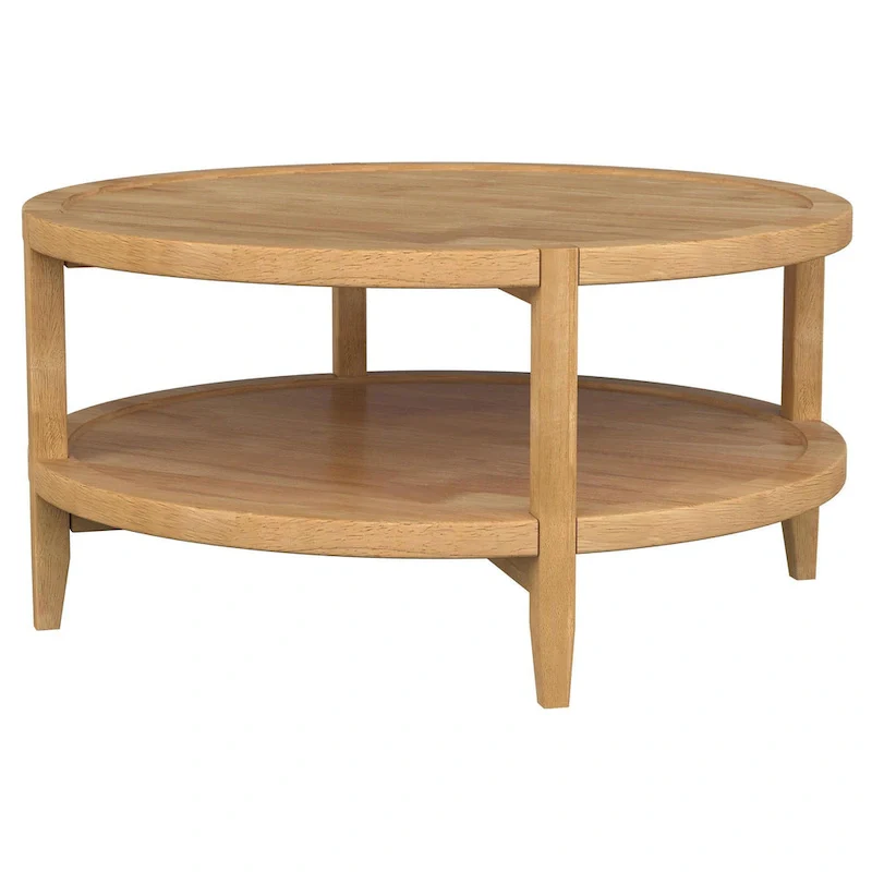 Round Coffee Table, Maple Brown, 1 Shelf, Solid Wood, 36