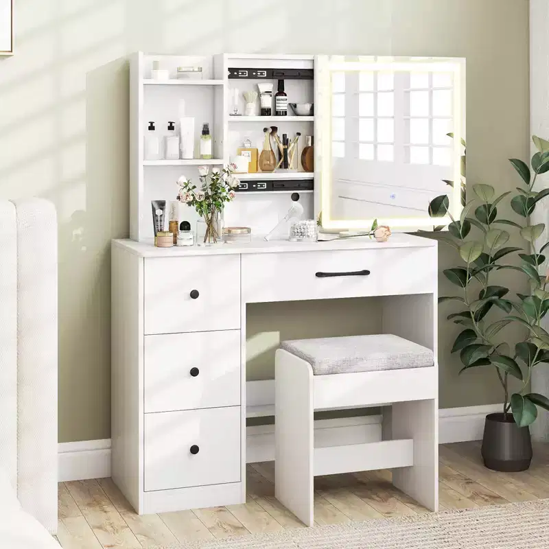 Costway Vanity Desk with Sliding Mirror and Lights Makeup Table and Chair Set with 4 Drawers White