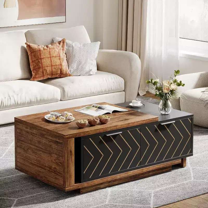 Lantine Extendable Coffee Table, 42-65 Adjustable Reversible Wood Center Table with 2 Storage Drawers for Living Room