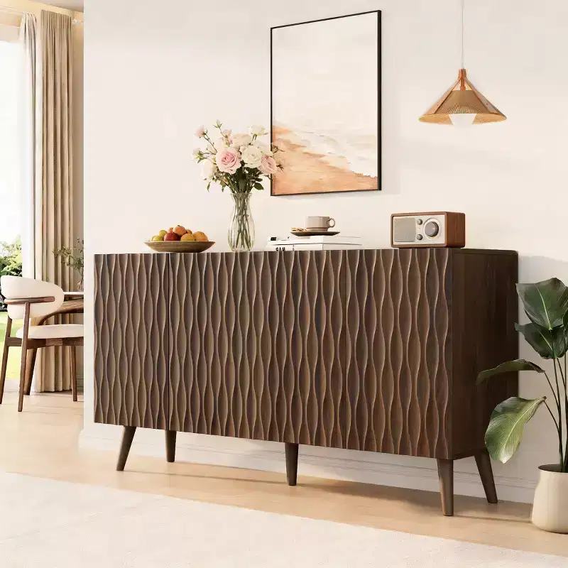 4-Door Accent Cabinet with Adjustable Shelves, 58-Inch Buffet Cabinet with Sculptural Wave Design