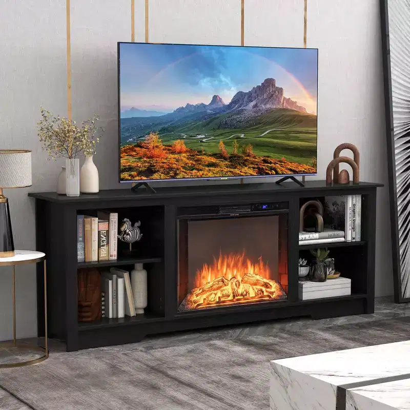 70 TV Stand with 26 Electric Fireplace Insert Remote Control for 75 TV Walnut/Black/Grey