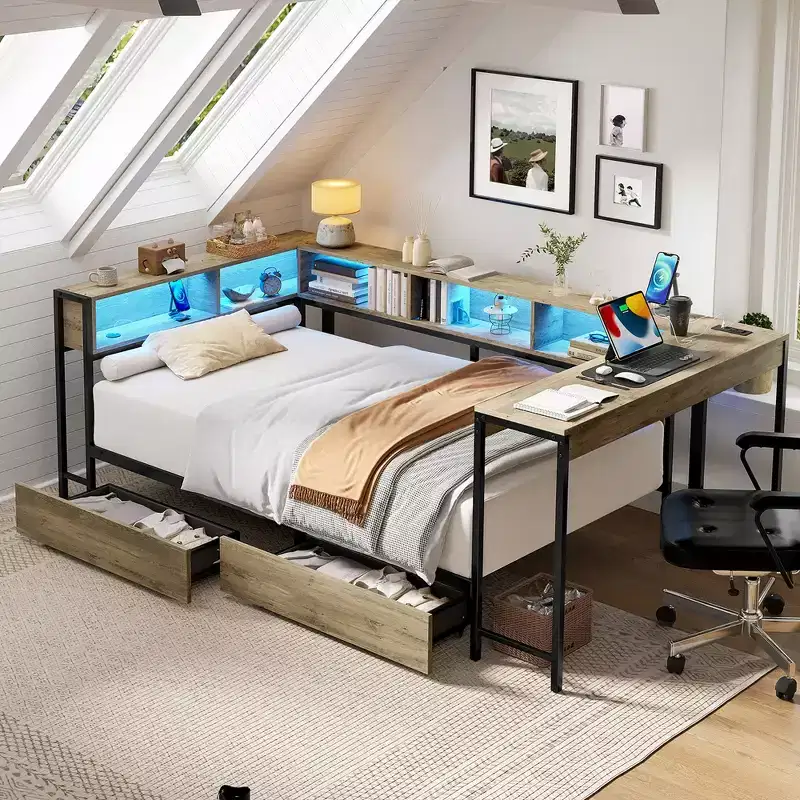 GDFStudio Kelsen Modern Corner Bed Frame with Bookcase and 2 Underbed Storage Drawers