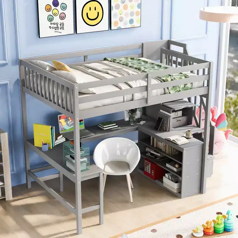 Whisen Full Size Loft Bed with Desk and Three-Tier Storage Shelves,and Storage Staircase