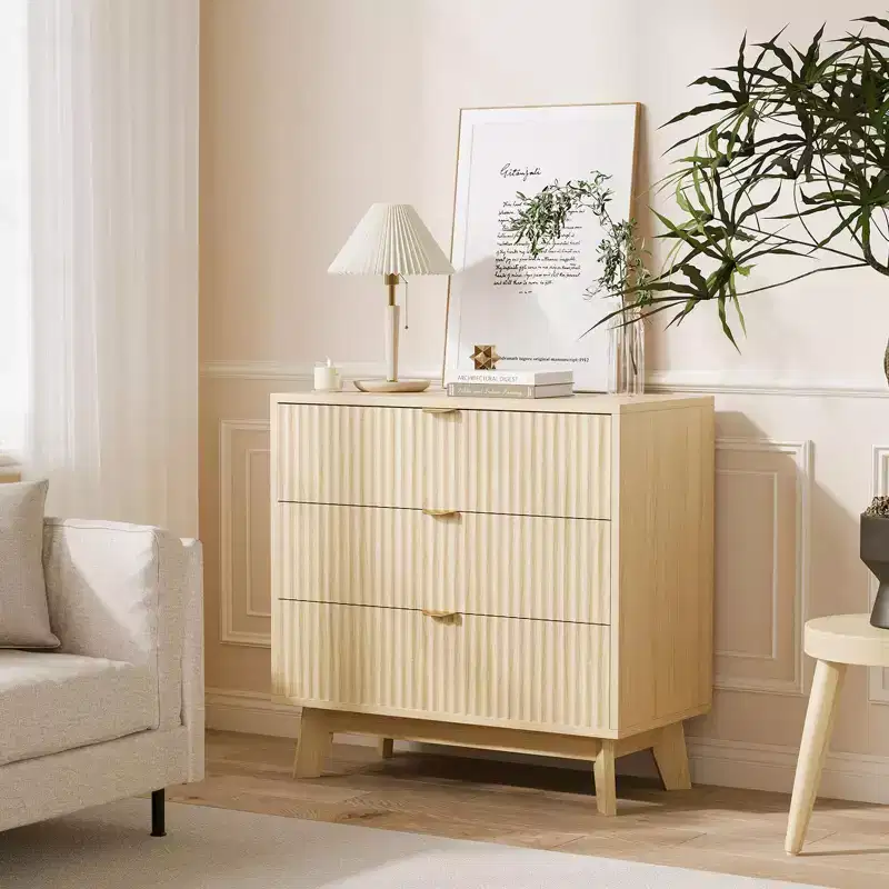 3 Drawer Dressers, Modern Fluted Closet Dressers Chest of Drawers, Wood Storage Dresser Chest of Drawers Organizer
