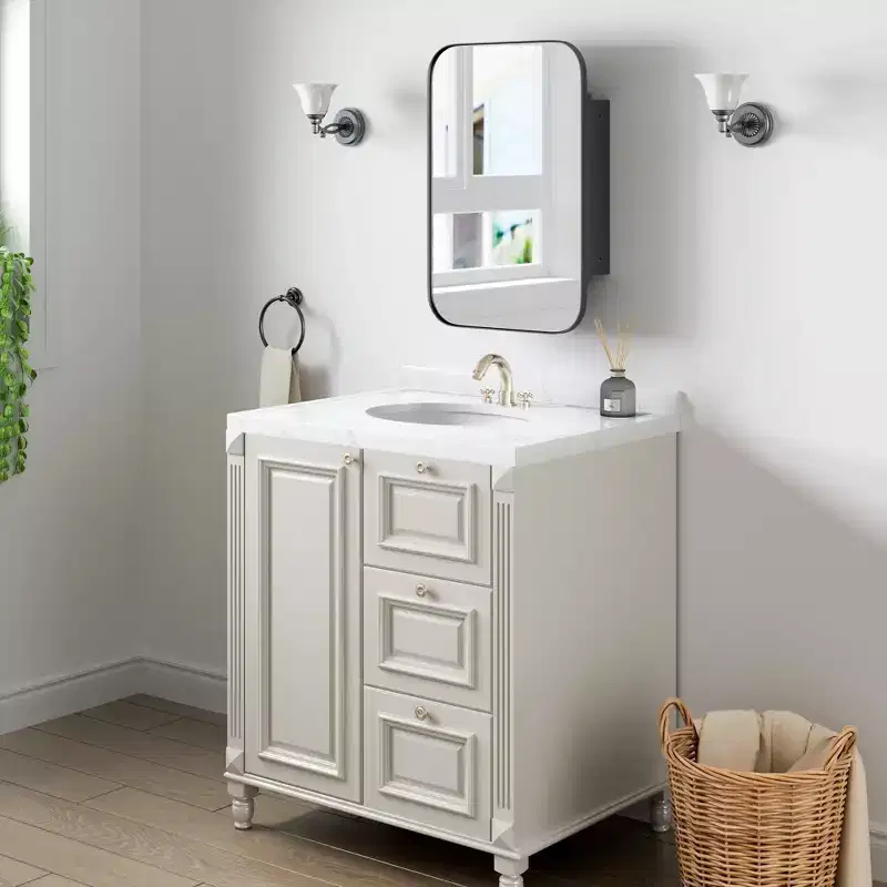 PexFix 24 x 16 Bathroom Cabinet with Mirror Stainless Steel Frame and 2 Adjustable Shelves Wall Medicine Cabinets Mirrors Rectangle Recessed Black