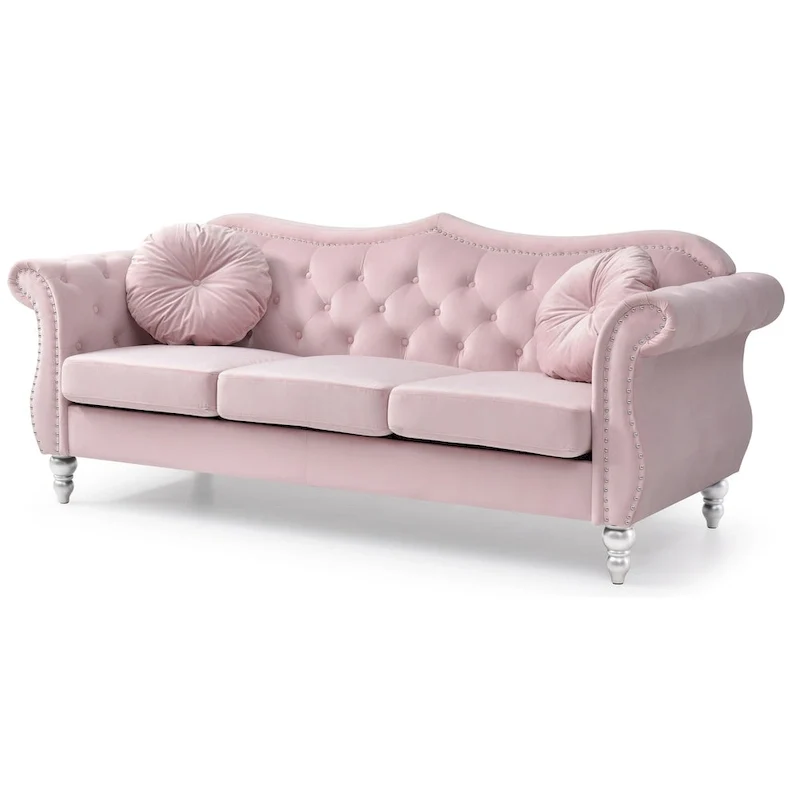 Hollywood 82 in. Velvet Chesterfield 3-Seater Sofa with 2-Throw Pillow - 82L x 35W x 34H
