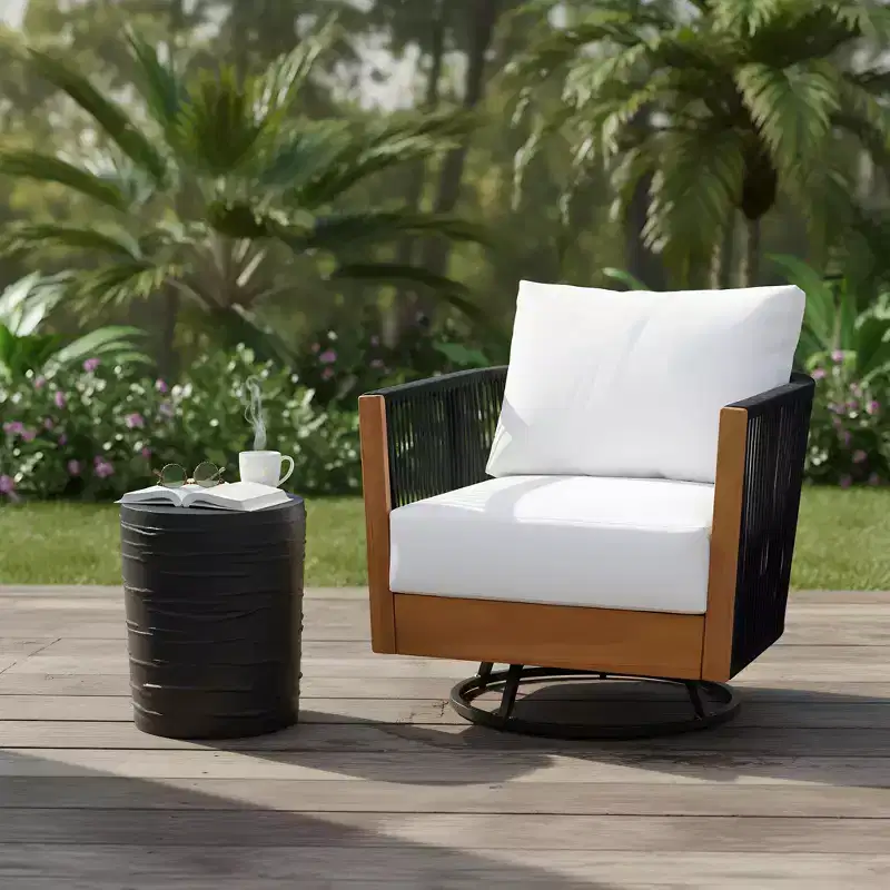 Christopher Knight Home Selene 2 Piece Rustic Patio Acacia Wood Rope Swivel Chair with Lightweight Concrete Table