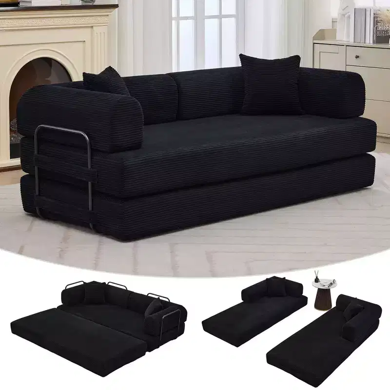 Convertible Sleeper Sofa Bed 79 Inch, 4-in-1 Boneless Corduroy Folding Sofa Bed with Pillow and Fixed Shape, Floor Mattress Couch Loveseatblack