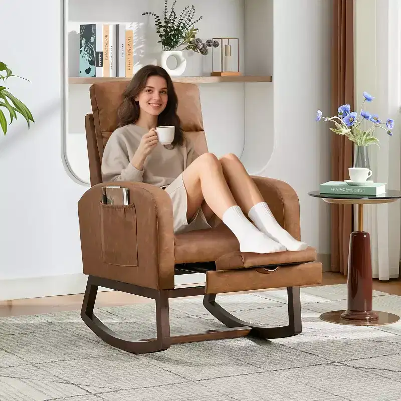 Rocking Chair Nursery with Foot Rest, Modern PU Upholstered Reading Armchair with High Backrest, for LivingRoom, Bedroom