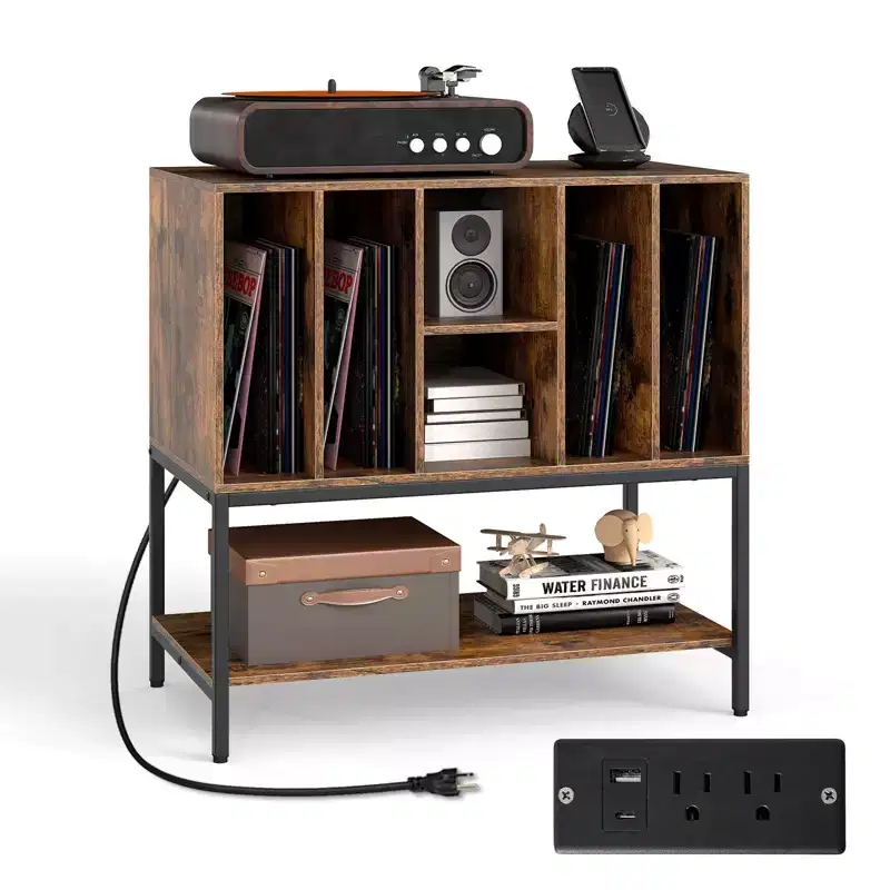Costway Record Player Stand w/Charging Station Vinyl Storage Holder Shelves Metal Frame