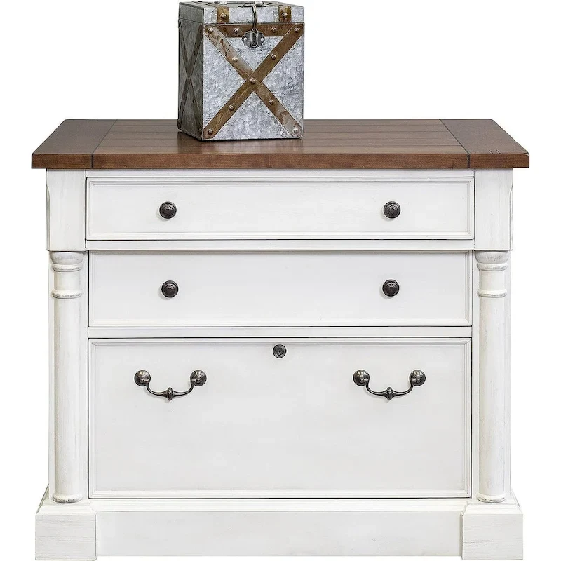 Rustic Wood Lateral File With Locking Legal/Letter File Drawer, Storage Cabinet, White