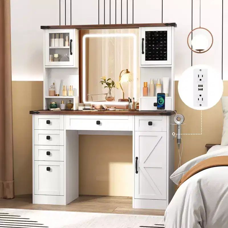 Costway Farmhouse Vanity Desk w/ Lighted Mirror Makeup Vanity Table w/ 3 Doors