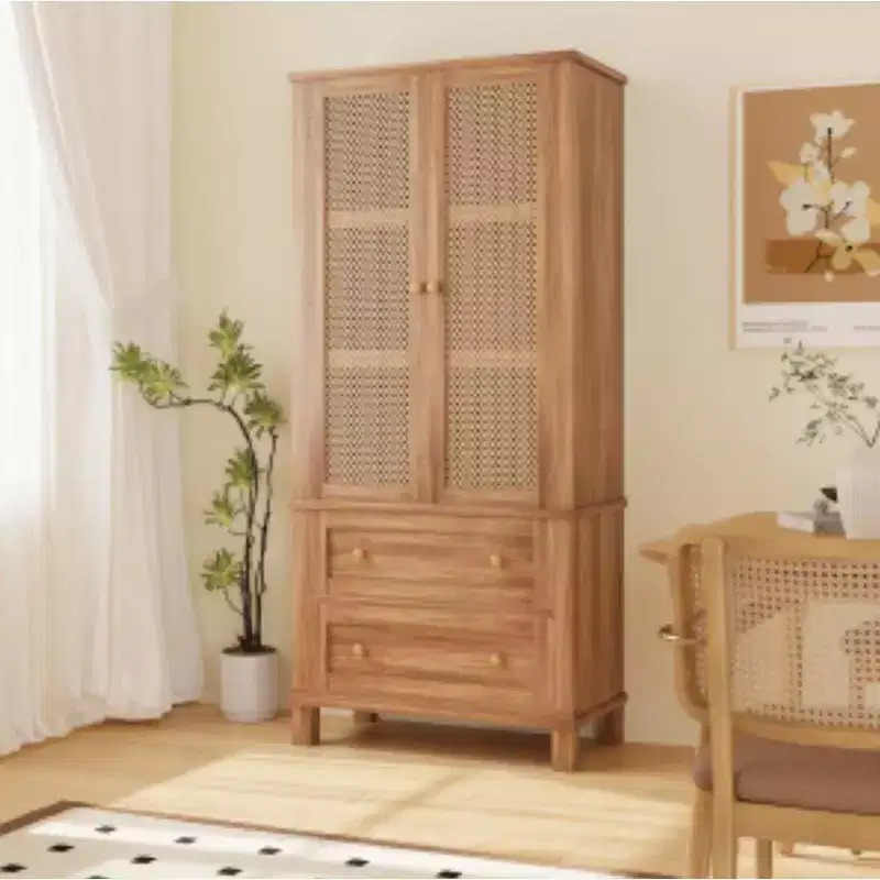 Particleboard Rattan-Woven Food Storage Cabinet - Light Walnut Finish