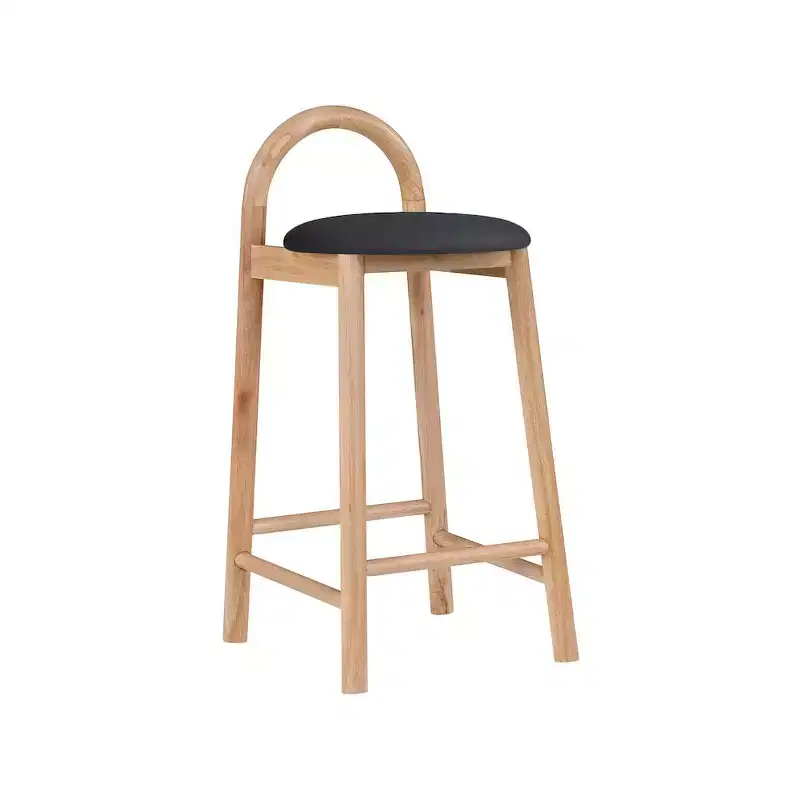 Black Vegan Leather Counter Stool, Natural Wood Frame
