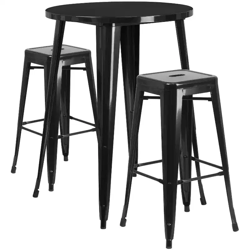 Emma and Oliver Commercial Grade 30 Round Metal Indoor-Outdoor Bar Table Set, 2 Backless Stools