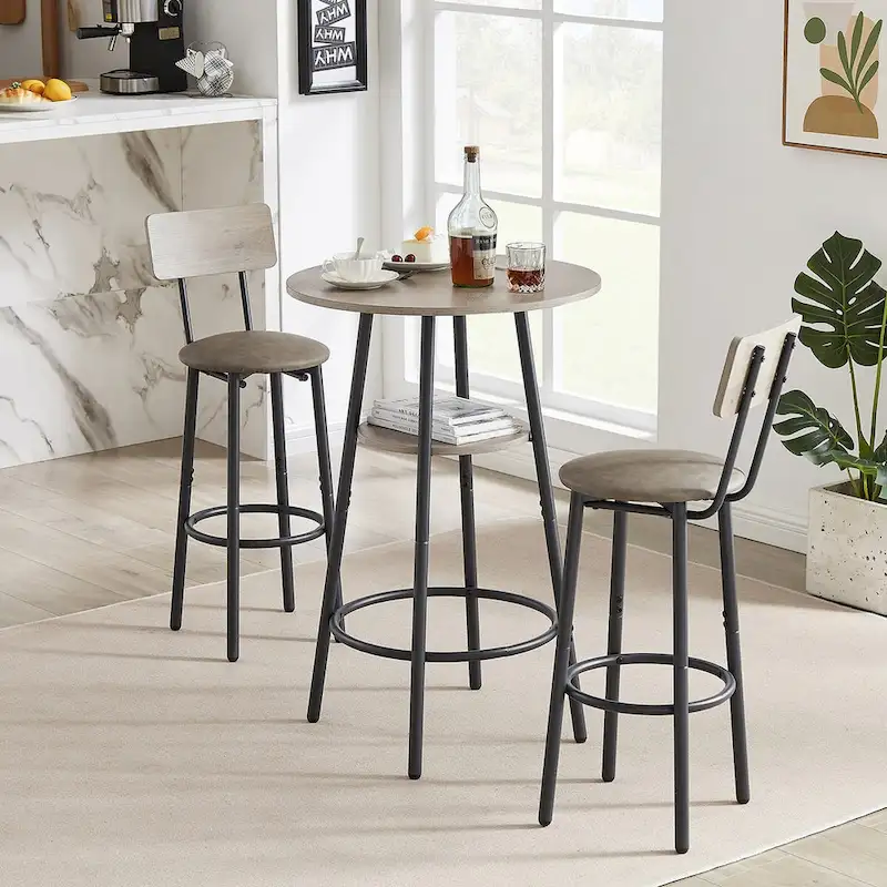 Grondin Industrial Style 3-Piece Round Bistro Pub Table Set with 2 PU Leather Bar Stools and Shelf, Counter Height Bar Table Set