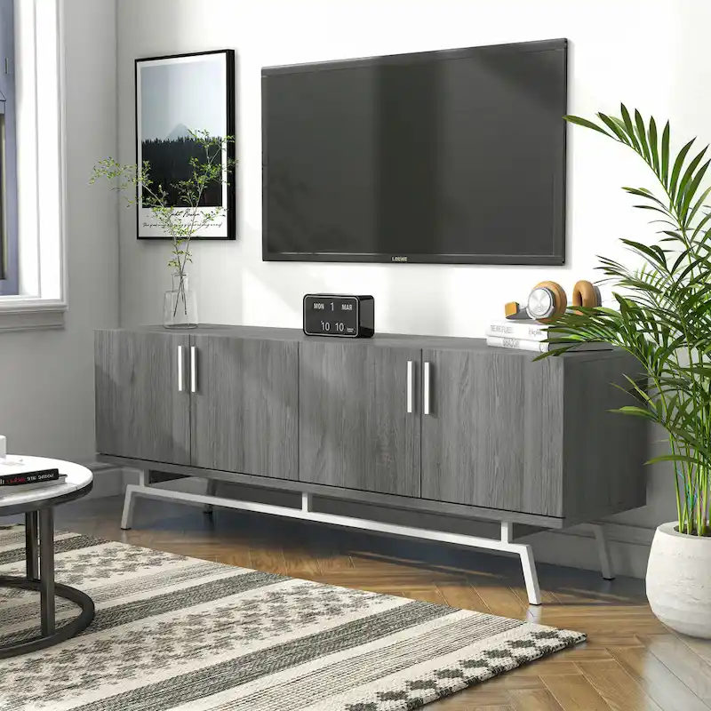 Modern 60-inch Metal Base 4-Door Cabinet TV Stand