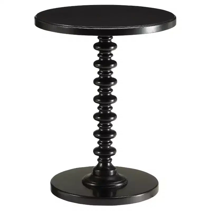 Round Single Pedestal End Table, Black Antique Finish, Beveled Edges, 22