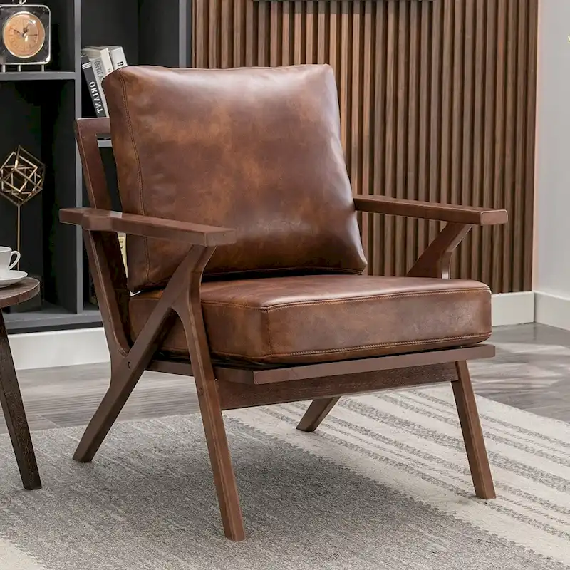 Upholstered Leather Accent Armchair (Solid Wood Frame, Removable Cushions)