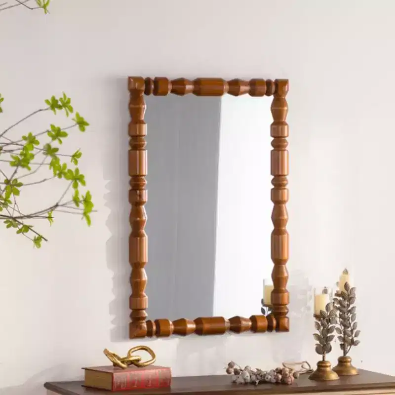 Vintage Wooden Carved Wall Mirror with Column Frame for Living Room or Entryway