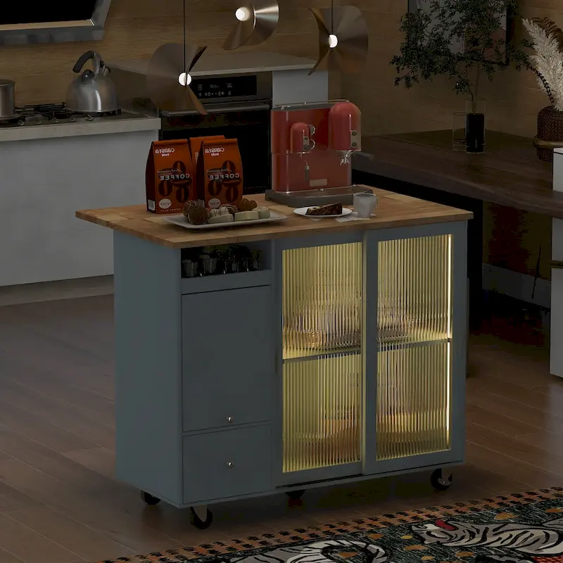 Kitchen Island with Drop Leaf and LED Light