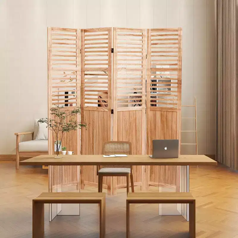 4 Panel Solid Wood Folding Room Divider Privacy Natural 55.2x65