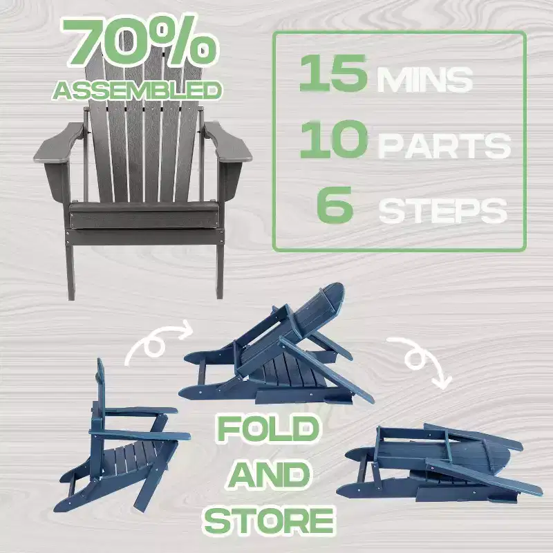 Folding Adirondack Chair - Plastic, Wide Armrest, Deep Seat, Weather Resistant, Waterproof, UV Resistant for Patio Lawn Garden Backyard Fire Pit