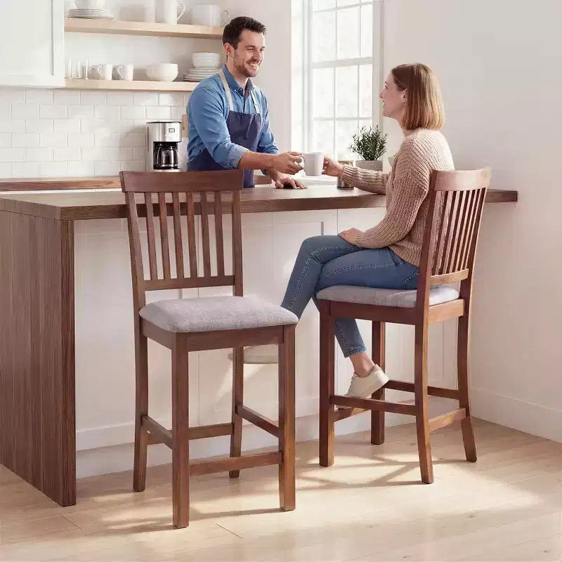 HOMCOM Bar Stools Set of 2, Modern Upholstered Barstools with High Back and Rubberwood Legs, Counter Height Kitchen Chairs, Gray and Dark Brown