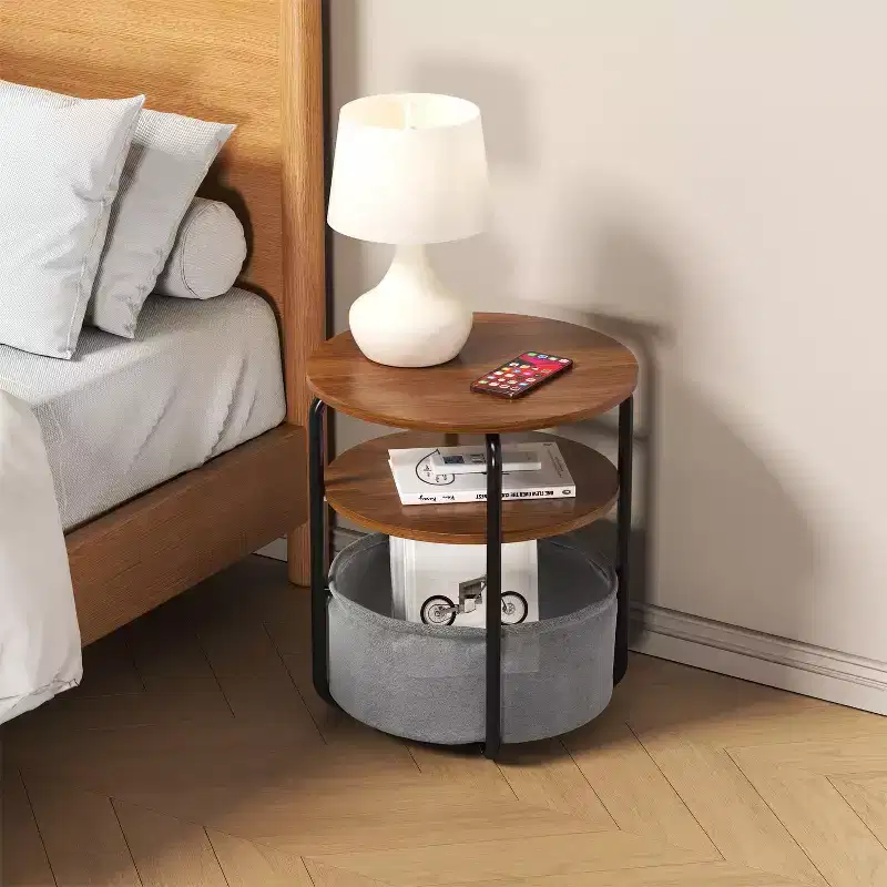 Small Round Side End Table with Fabric Storage Basket, Round End Table 3-Tier Nightstand 23.6 h Vintage Sofa Corner Table