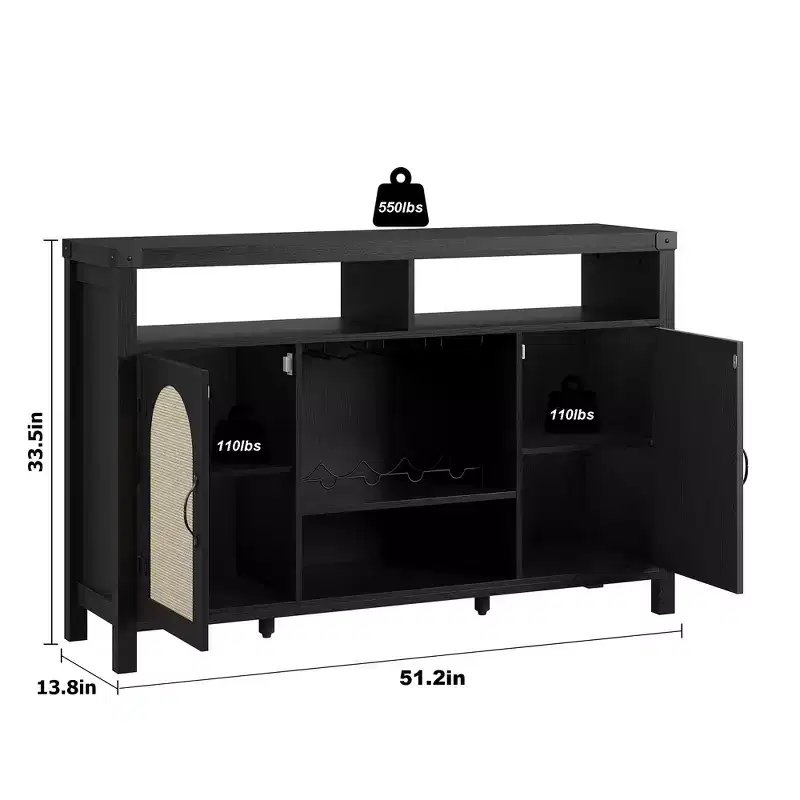 59 Farmhouse Wine Bar Cabinet with Rattan Sliding Door - Coffee Bar with Wine Rack, Adjustable Shelves, Sideboard for Kitchen & Dining Room