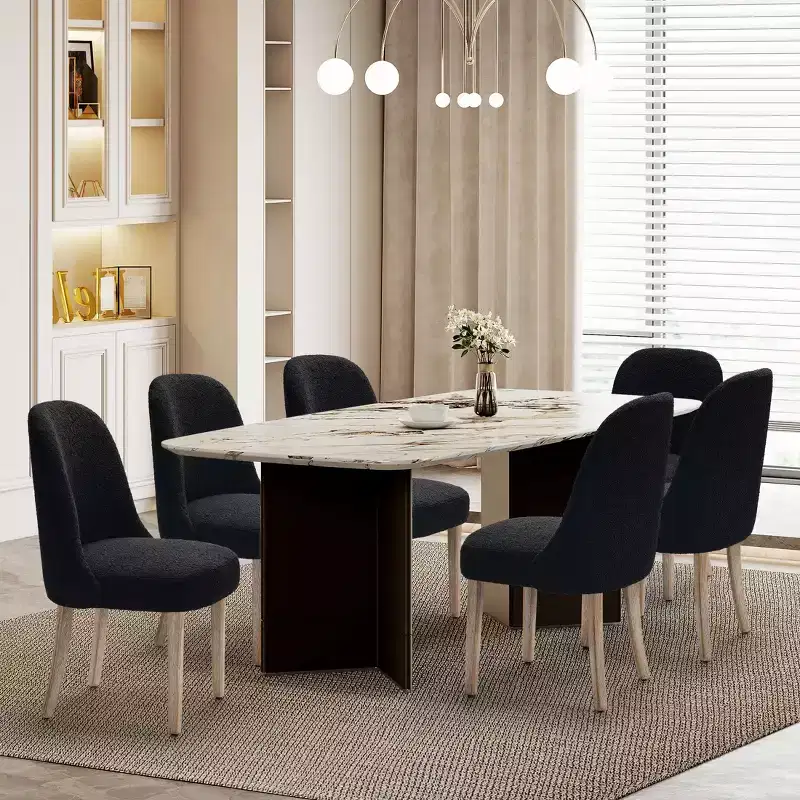 Mid-Century Modern Boucle Upholstered Dining Chair, Set of 6, Water-Resistant Fabric