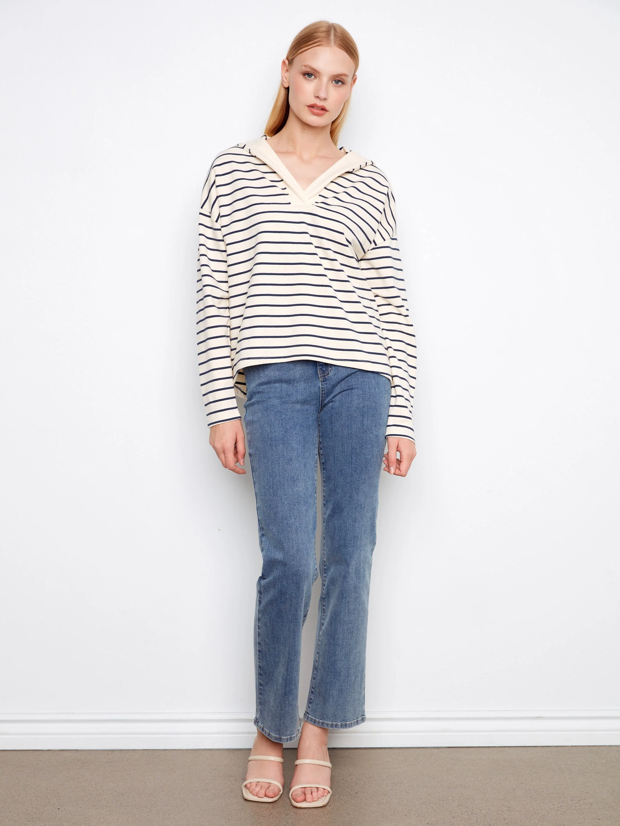 V-Neck Striped Hoodie - Navy