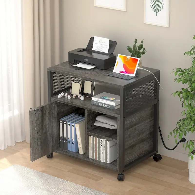 Rolling File Cabinet Lateral Office Filing Cabinets with Charging Station,Modern Printer Stand on Wheels