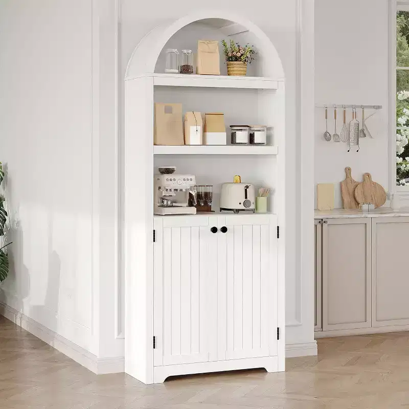 Acekool Tall Wood Arch-Top Storage Cabinet, 5-Shelf Bookcase with Doors, Adjustable Pantry Cupboard for Living Room Kitchen