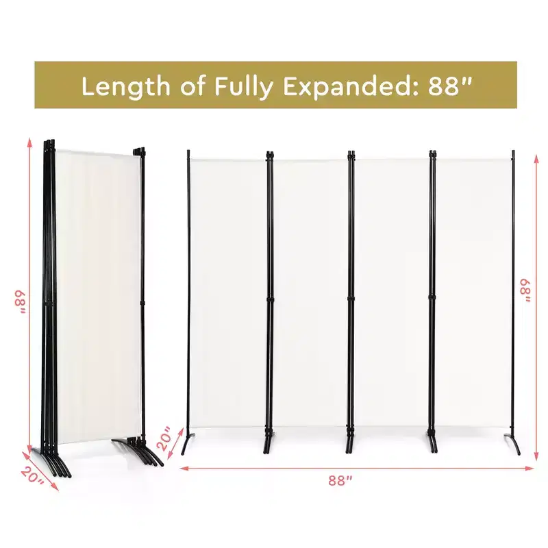 4-Panel 5.6ft Room Divider Folding Fabric Privacy Screen with Steel Frame White/Black/Brown