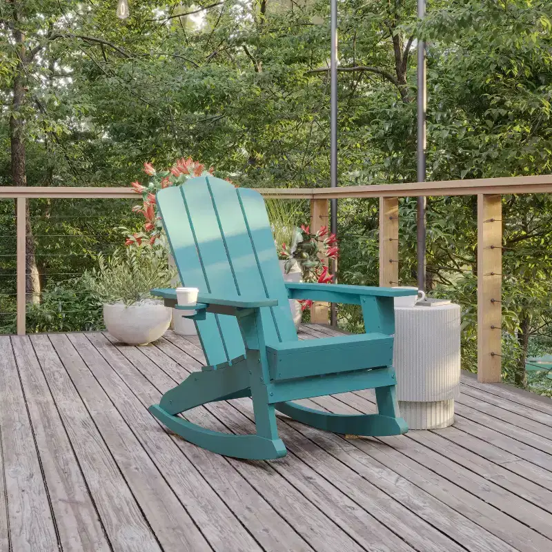 Flash Furniture Newport Adirondack Rocking Chair with Cup Holder, Weather Resistant HDPE Adirondack Rocking Chair
