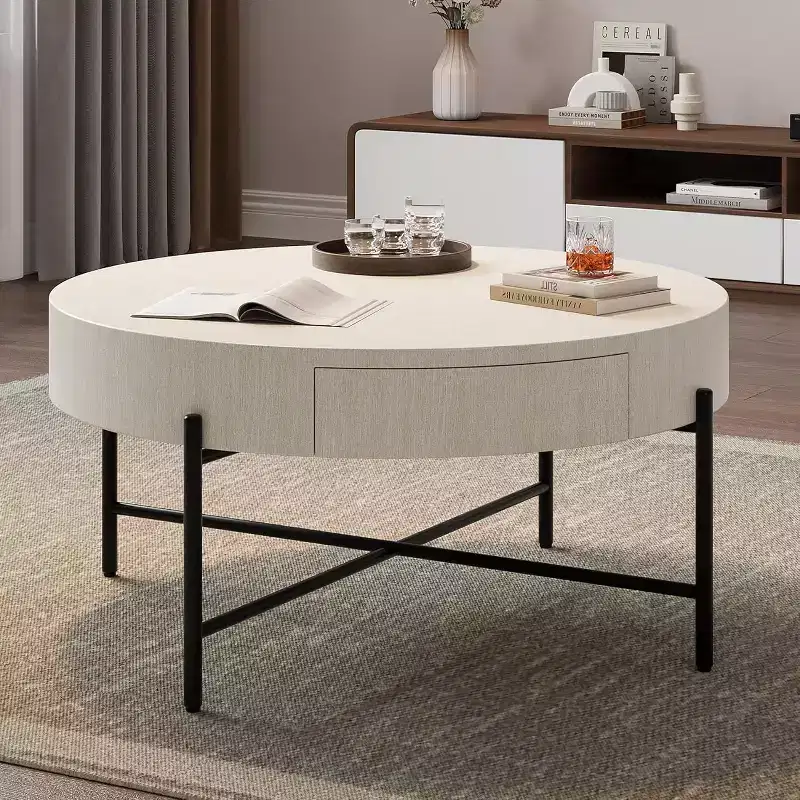 Acekool Round Coffee Table with 2 Drawers, Wood Top & Metal Cross Leg Base  Modern Farmhouse Storage Table for Living Room & Apartment