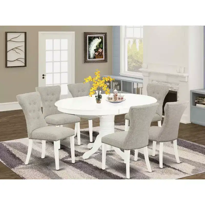 Linen White Oval Extension Dining Table Set, Upholstered Parson Chairs, Seats 6, 7-Piece