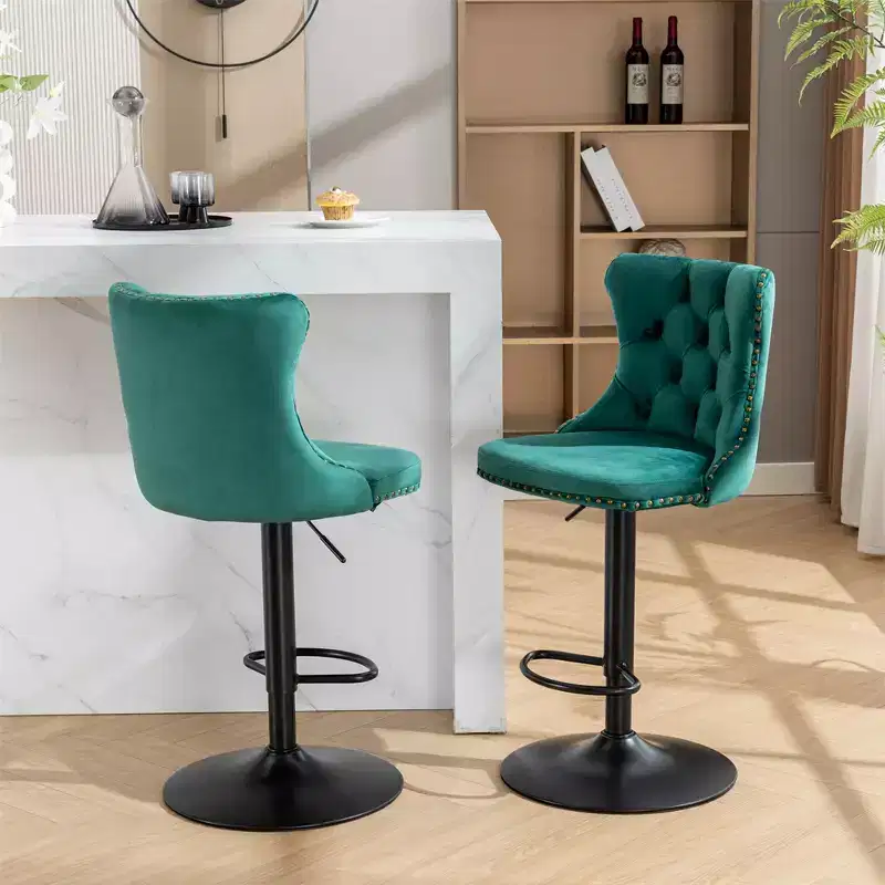 Modern Bar Stools Set of 2, Upholstered 360 Swivel Bar Chairs, 25-33 Adjustable Height Stool with 17.7inch Base for Kitchen Island Home Bar