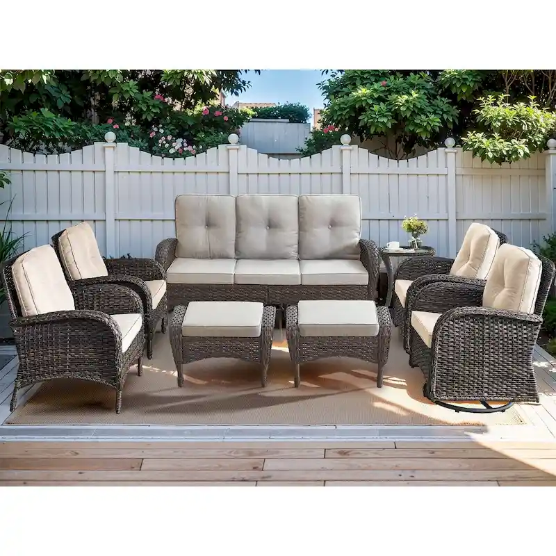 Rattan Sofa Couch with Swivel Rocking Chairs, Ottomans - Brown