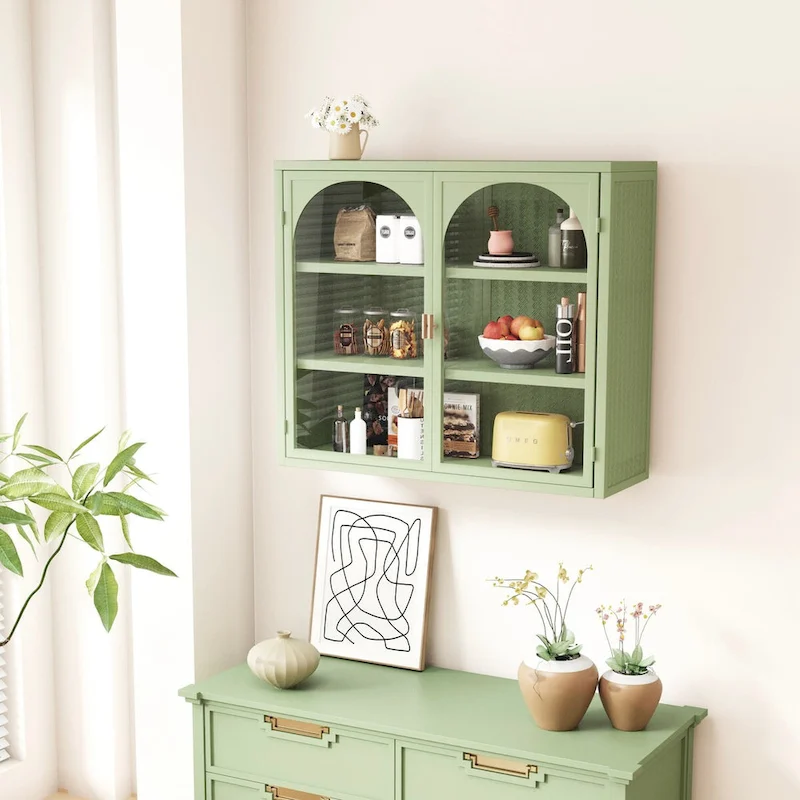 Roomfitters 27.56 Modern Glass Door Wall Cabinet with Three-Tier Storage for Entryway, Living Room, Bathroom