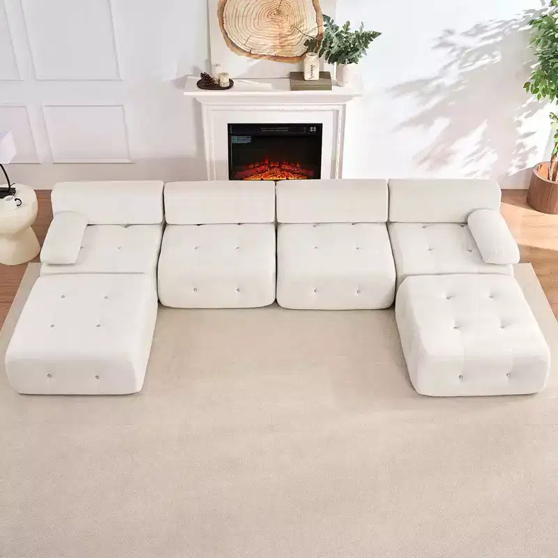 Mjkone U-Shaped Velvet Modular Sectional Sofa With free Combination Ottoman,Convertible 4-Seater Sofa with Rivet Trim