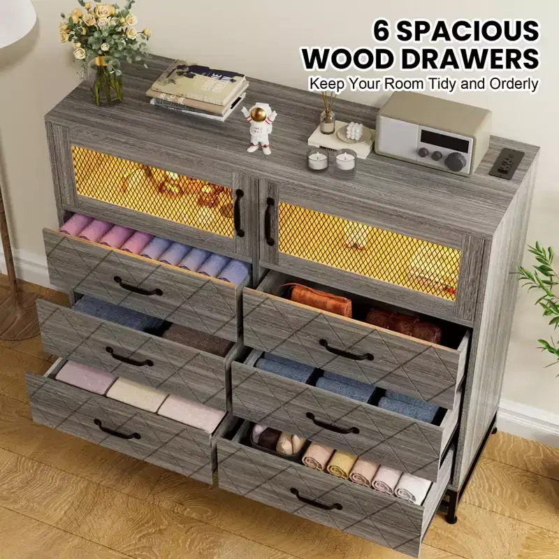 6-Drawer LED Dresser with Charging Station and Open Shelf
