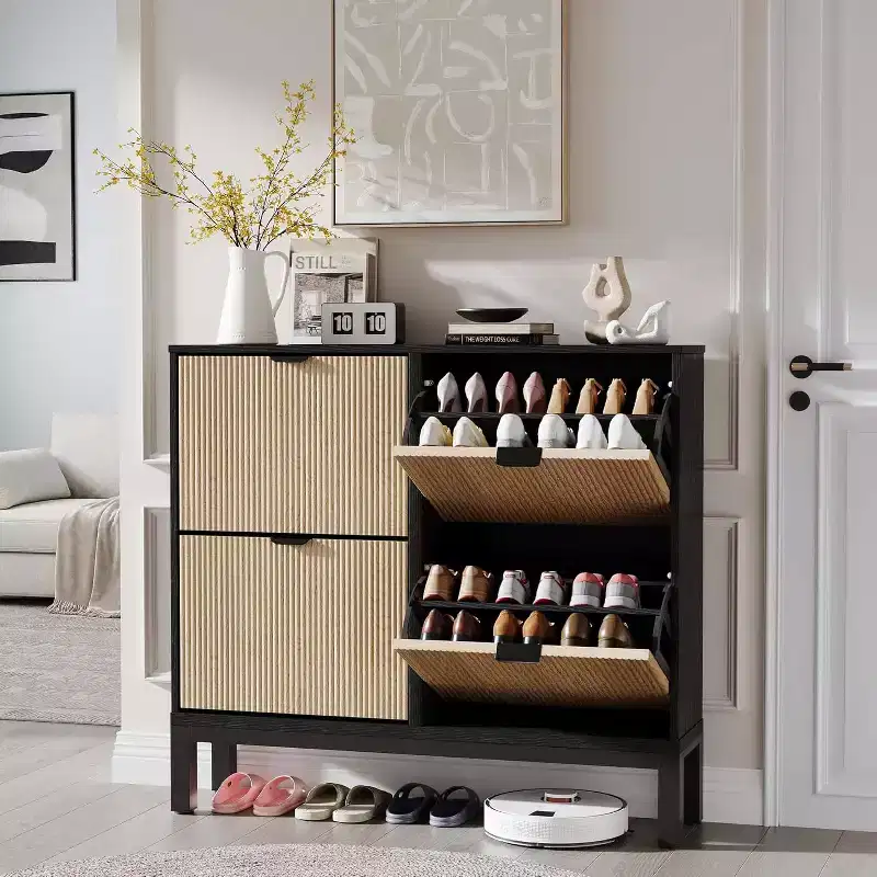COZONY Fluted Shoe Cabinet with Flip Drawers, Modern Narrow Storage Organizer for Entryway, Freestanding Farmhouse Shoe Rack for Front Door
