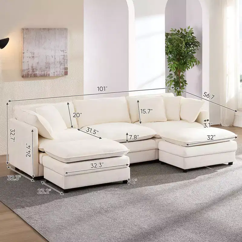 Mjkone 101'' U-Shaped Modular Sectional Sofa, 5-Seat Cloud Couch with 2 Ottomans, Modern Chenille Sofa Sleeper Deep Seat Couches