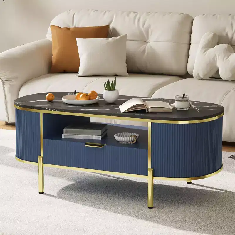Modern Fluted Coffee Table, 48'' Oval with Drawer, Faux Marble Top & Gold Metal Accents