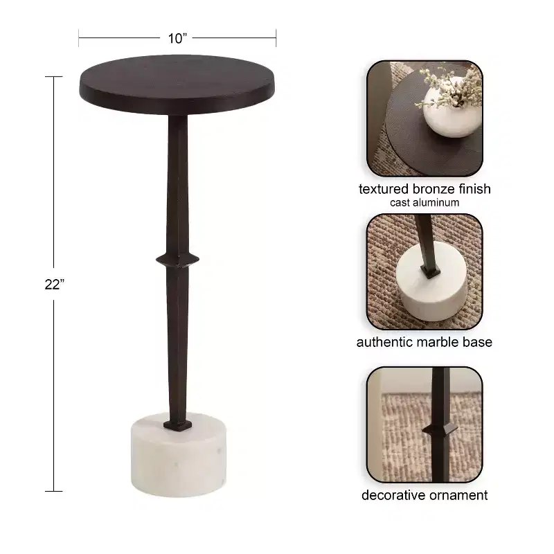 Pedestal Drink Table, 10x10x22, Bronze and Marble