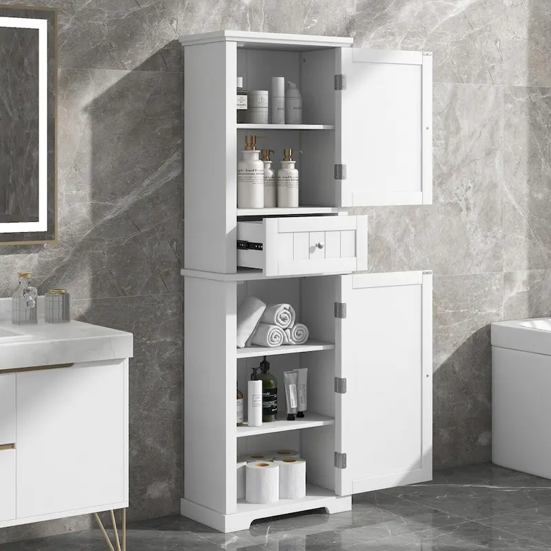 Bathroom Freestanding Storage Cabinet with Drawer and Adjustable Shelf